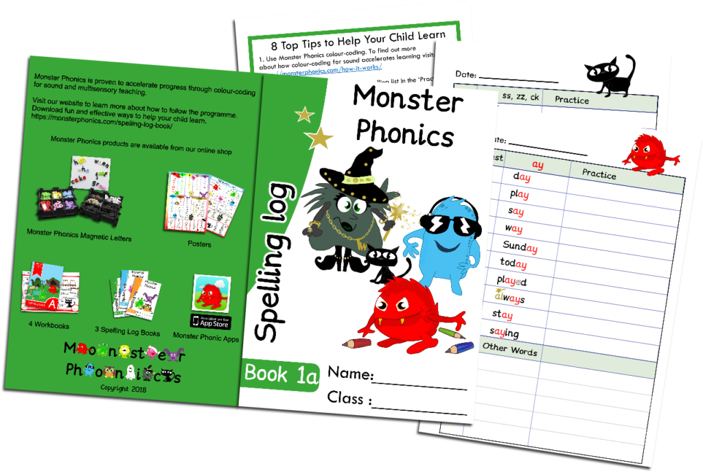 Set Of Spelling Log Books 1A, 1B, 2A And 2B Monster Phonics