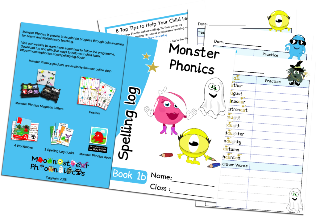 Set Of Spelling Log Books 1A, 1B, 2A And 2B Monster Phonics
