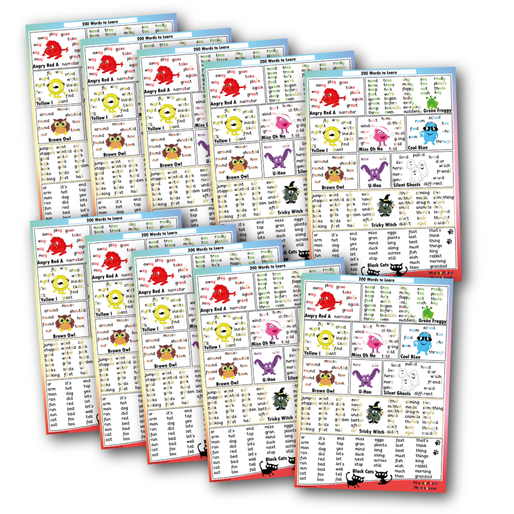 Set Of 10 Tabletop Next 200 HFW Cards (A4) | Monster Phonics