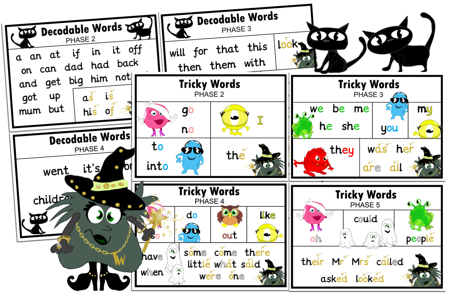 5 Sets Of Letters And Sounds Tricky And Decodable Word Cards Monster Phonics 