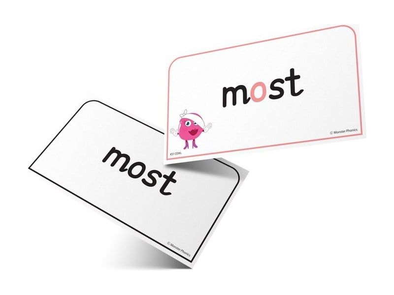 Double-sided flashcard showing most in colour and in plain text